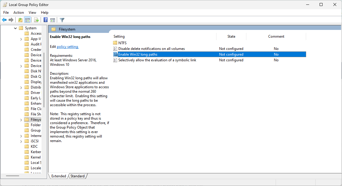 Enable Win32 long paths GPO